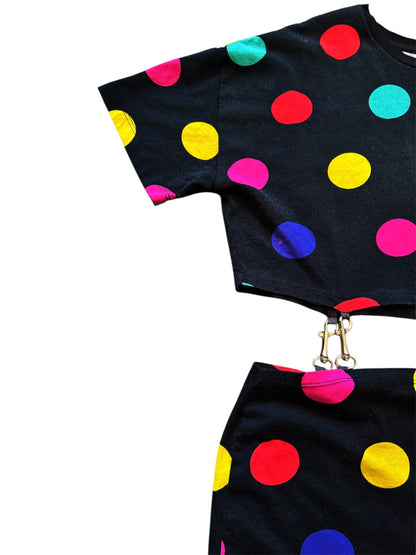 Black polka dot vintage two-piece set with gold chain detail, 80s glam by Everythang Dope.
