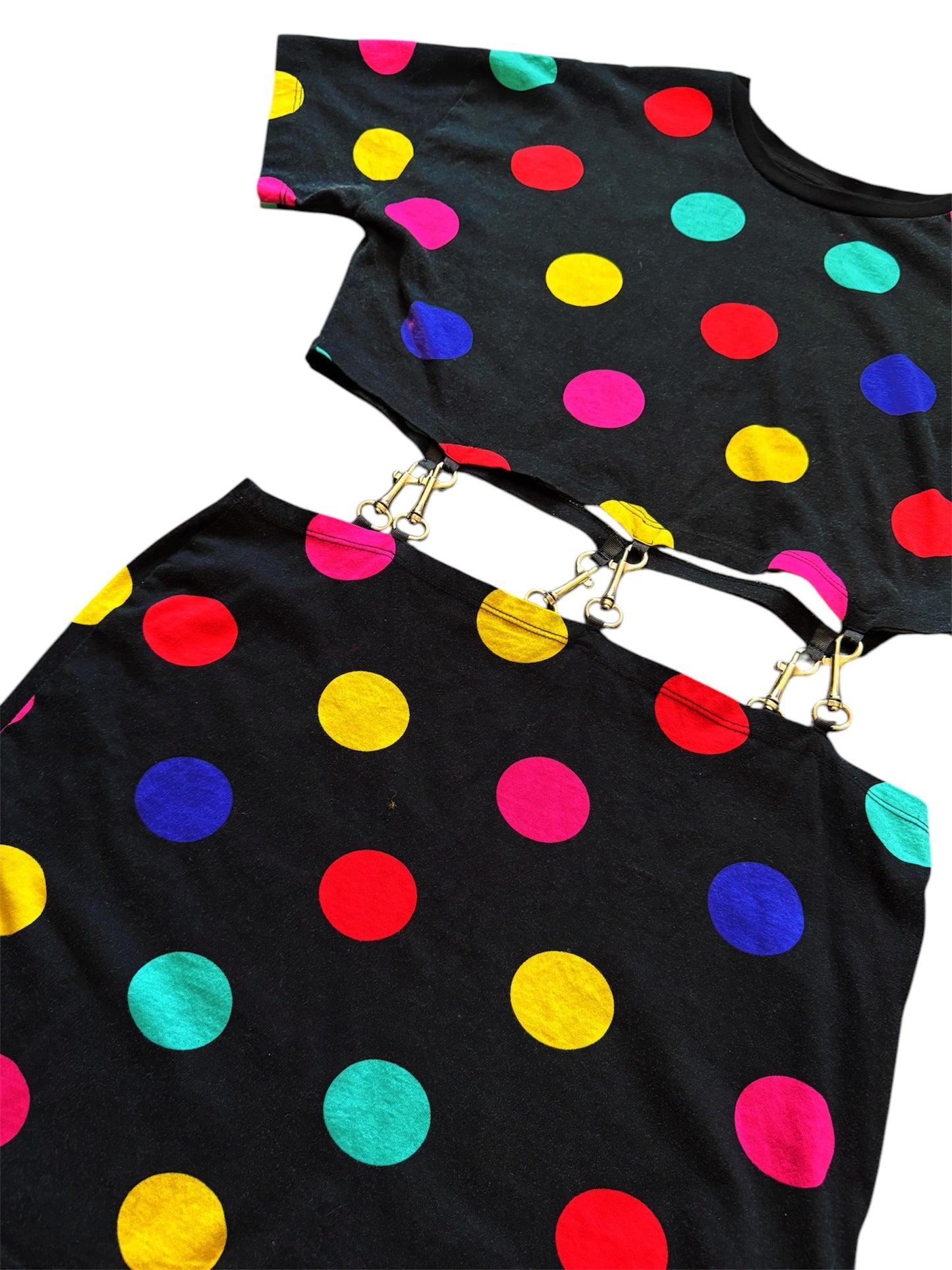 Black polka dot vintage two-piece set with gold chain detail, 80s glam by Everythang Dope.